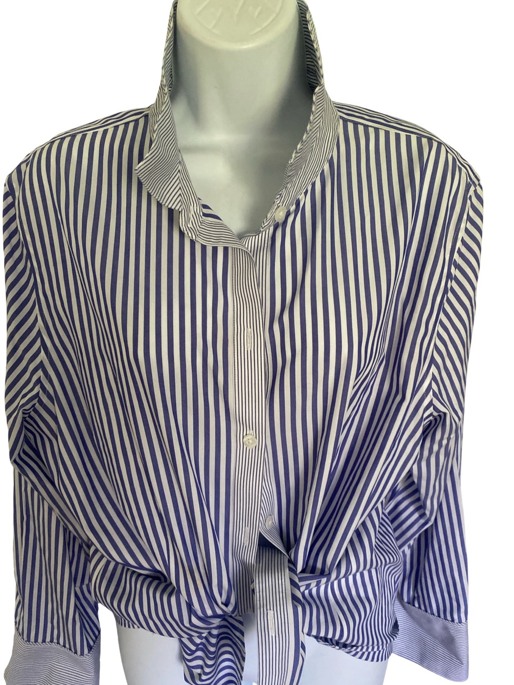 Chico's Blue and White Vertical Stripe Button-Down Shirt-3(L)